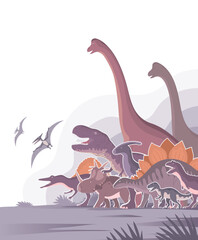 Group of dinosaurs. T rex, brachiosaurus, pteranodon, spinosaurus and stegosaurus. Jurassic animals. Children toys, attraction and entertainment park. Cartoon vector illustration © Mikhail