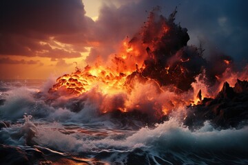 Fototapeta na wymiar Elemental Clash: The Spellbinding Intersection of Fiery Molten Lava and the Frigid, Blue Ocean, Giving Rise to Steam