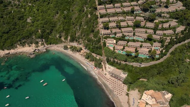 Aerial drone footage of Atlantica Grand Mediterraneo - Ermones luxury hotel and spa