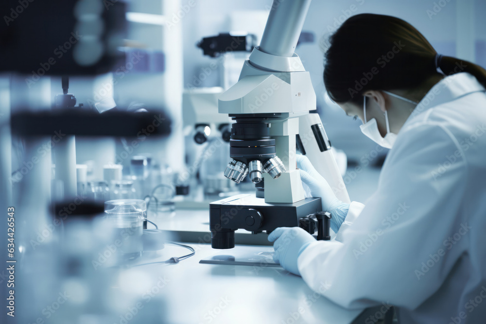 Poster modern microscope and researcher scientist in lab observing experiments in scientific process