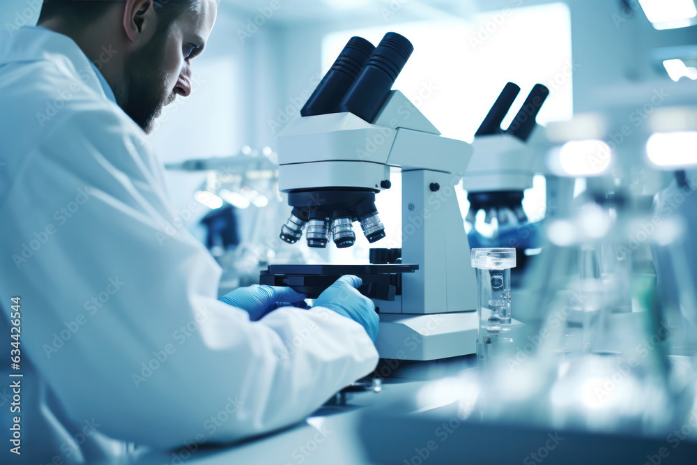 Poster microscope aids researcher scientist in lab, observing experiments as part of the scientific process