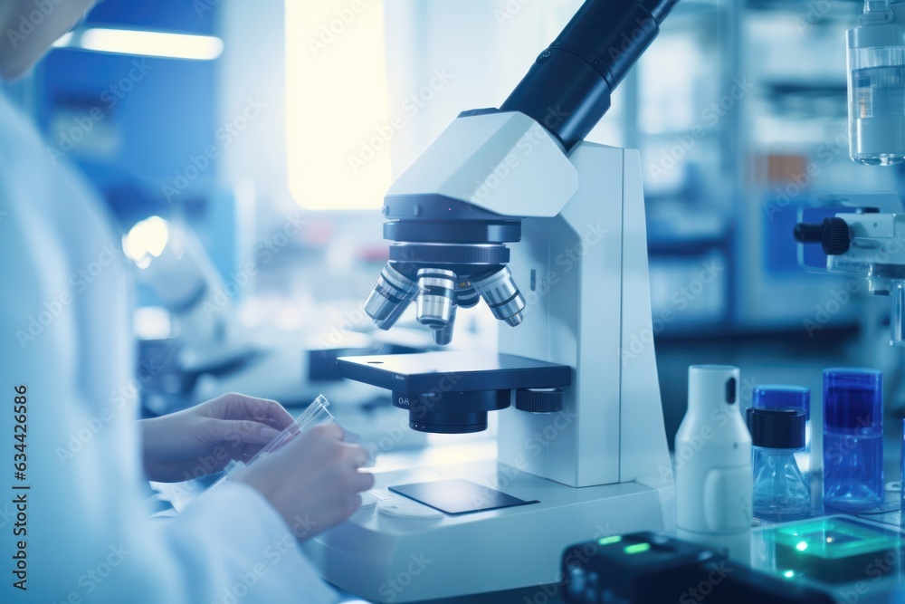 Poster Advanced microscope supports scientist in lab, observing experiments, pivotal to scientific process
