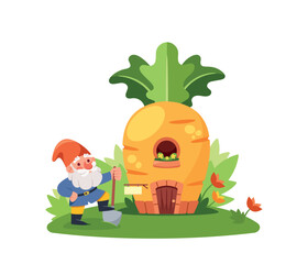 Fototapeta premium Gnome Gardener with Spade near the Carrot House. Isolated Ripe Vegetable Hut With Wooden Door and Window