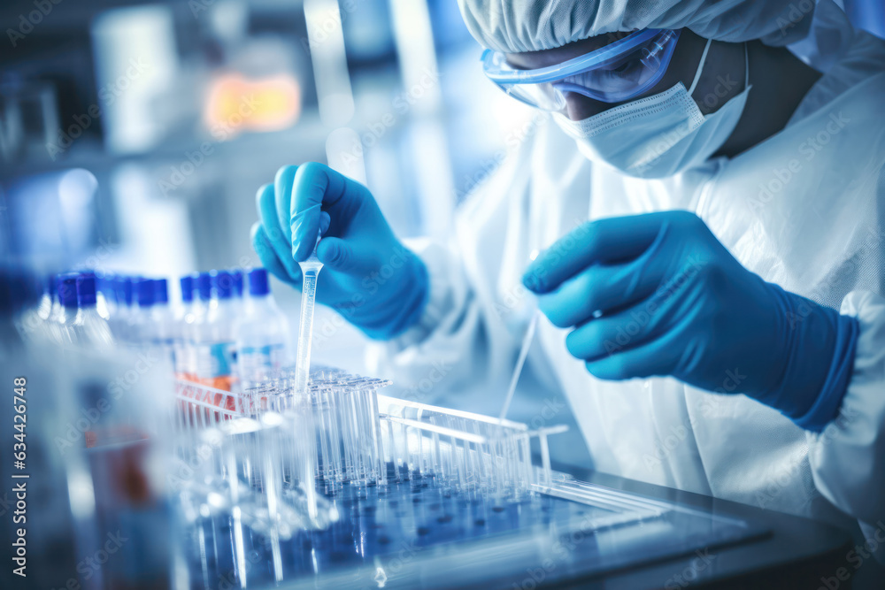Poster scientist handling a micro pipette, with the lab high-tech equipment. modern and pristine laboratory