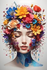 A girl's mind with a vibrant array of flowers blooming from within