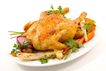 roasted chicken and vegetable on white background