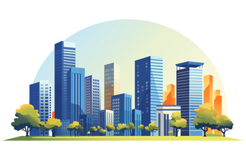 Cityscape with tall skyscrapers, office buildings and trees. Business district of the city. Modern city buildings. Vector illustration.