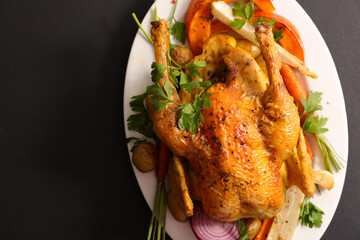 roasted chicken and vegetable on black background