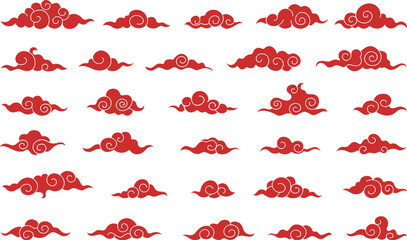 Traditional korean clouds. Flat chinese or japanese red cloud silhouettes, decorative asian festival elements, oriental graphic decent vector set - 634427785