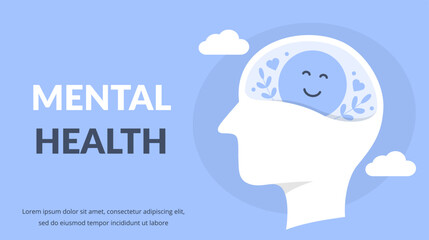 World mental health day concept, human head profile with positive thinking brain, vector eps10 illustration