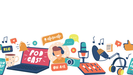 Seamless Pattern Featuring Podcast-themed Items Such As Microphones, Headphones, Sound Waves Cartoon Vector Illustration