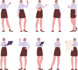 Different poses girl. Female cartoon character with display, laptop and book. Business woman, office professional or administrator, kicky vector person