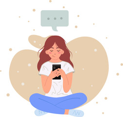 A young girl using a mobile phone is sitting cross-legged on the floor, isolated vector illustration. Exchange text messages, reflect and wonder, no other gestures. Vector illustration.