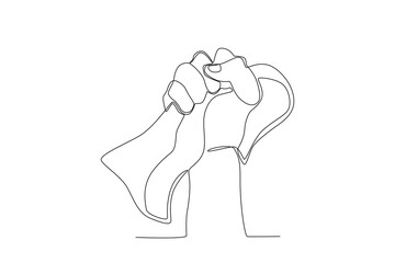 An illustration of a hand grasping a flag. Youth pledge one-line drawing