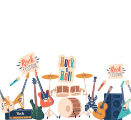 Seamless Pattern Featuring A Variety Of Rock Music Instruments, Including Electric Guitars, Drums, Microphones
