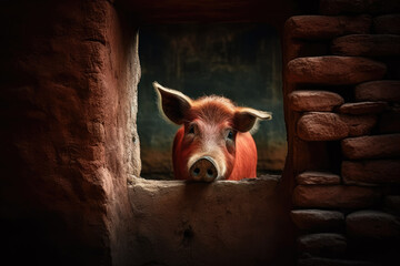 Schwein schaut aus dem Fenster - obrazy, fototapety, plakaty