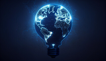 Abstract illustration incandescent bulb on world map in blue color on dark blue background, representing concept of global restructuring, energy crisis, blackout. Banner, worldmap Ai generated image