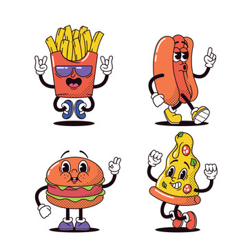 Retro Cartoon Fast Food Groovy Characters. French Fries, Hotdog, Burger And Pizza Slice Exude Vibrant Energy