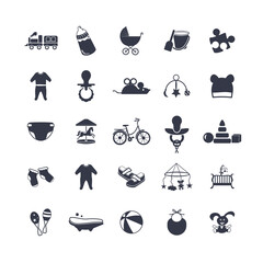 Baby toys, feeding and care icon set.