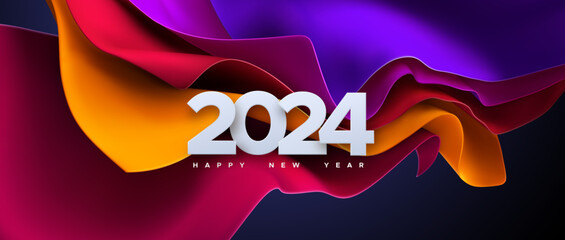 Happy New 2024 Year. Vector holiday illustration of paper cut numbers 2024 on colorful streaming fabric background. 