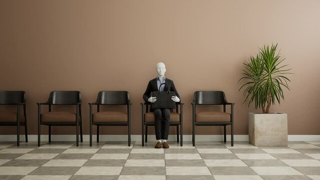 Futuristic female android robot sitting on a chair and waiting for a job interview, AI and innovation concept. 3d animation, speed motion