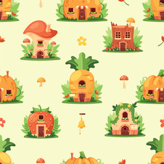 Cartoon Fairytale Houses And Dwellings Seamless Pattern. Fantasy Tile Repeat Background With Strawberry, Mushroom