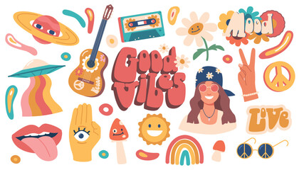 Hippie Icons Set. Collection Of Vibrant And Iconic Symbols Representing The Hippie Movement, Cartoon Vector Illustration