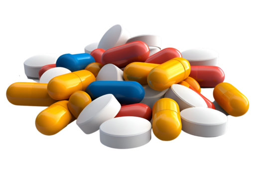 stack of multicolor pharmaceutical vitamin pills on isolated transparent background