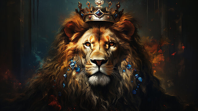 Lion king wearing a royal crown in paint by numbers style art