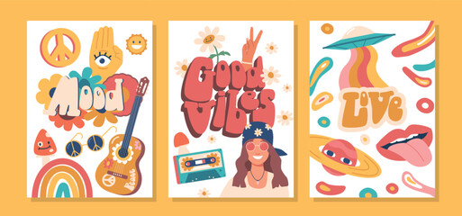Colorful Banners Featuring Iconic Hippie Items Such As Peace Sign, Flowers, Ufo, Rainbow And Psychedelic Motifs