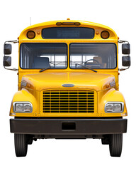 yellow school bus front view on isolated transparent background