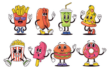 Retro Cartoon Fast Food Characters Embody Vibrant And Funky Vibes. French Fries, Hot Dog, Cola And Pizza. Pop Corn - obrazy, fototapety, plakaty