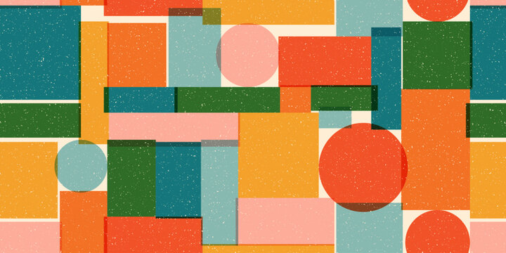 Seamless geometric pattern with risograph effect. Trendy riso graph style. Abstract background with grain texture. 80s style geometric collage. Simple vector pattern. Minimalist retro style texture
