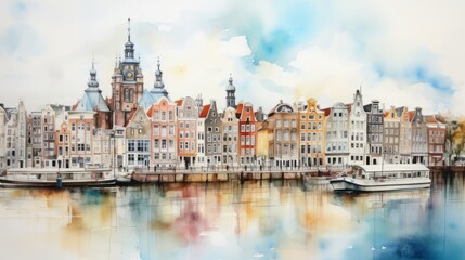 Fototapeta na wymiar Watercolor cityscape oft Amsterdam, the capital of the Netherlands, in front the Amstel river. Drawing, watercolor, illustration, paint, art, city, capital, high quality 160