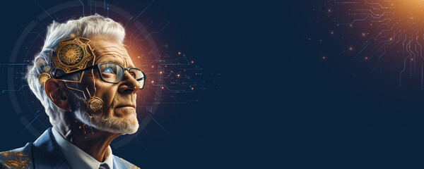 A mature man in glasses contemplates future technology against a radiant backdrop, Glasses-wearing senior envisions the future amidst a glowing ambiance