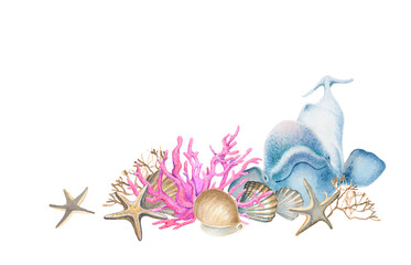 Marine composition of corals, shells, starfishes and dolphin. Marine animals. Inhabitants of the Depths. Watercolor illustration for the design of souvenirs, postcards, posters, banners, menus, labels