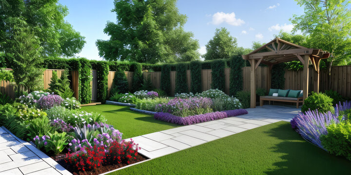 Garden photorealistic with beautiful green plants and trees