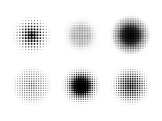 Set of round shapes with halftone gradient effect. Pop art textures of dotted radial spray various intensity. Vector illustration of circle elements in comic style.