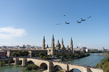  Zaragoza Spain. October 12, 2022 exhibition of avtions of the armed forces on the Hispanic Heritage Day flying over the basilica of the Pilar