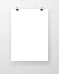 Blank paper sheet hanging on binder clips with white textured wall on background. Vertical poster template for advertising design, party invitation, business presentation. Realistic vector mockup