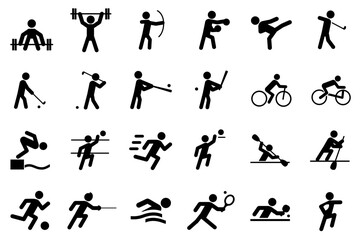 sports icon set. athletics, running, weightlifting, soccer, archery, karate, baseball, batsman, sports, cycling, swimming, triathlon, rugby, basketball, volleyball, rowing, tennis, table tennis