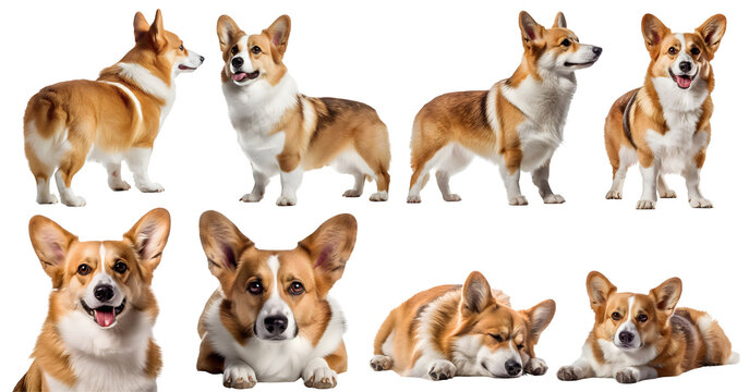 Welsh Corgi dog puppy, many angles and view portrait side back head shot isolated on transparent background cutout, PNG file