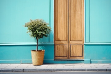 turquoise wall, front door and a plant at the entrance. french street. cozy Bali. restaurant. background. wallpaper. place for text. calmness