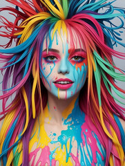 虹色に髪を染めた女性に様々な色の塗料が塗られている様子。芸術的なコンセプト