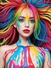 虹色に髪を染めた女性に様々な色の塗料が塗られている様子。芸術的なコンセプト