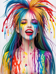 虹色に髪を染めた女性に様々な色の塗料が塗られている様子。芸術的なコンセプト