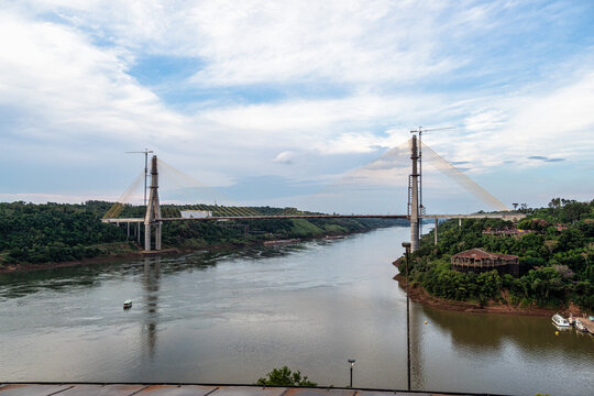 Landmark of the three borders, hito tres fronteras, Paraguay, Brazil and Argentina at Puerto Iguazu, Argentina