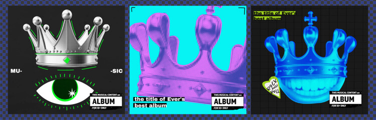 Music album covers. Punk music. crown with eye and lips in a smile. Acidic contemporary bright colors. Dadaism collage. Rave party royalty. Halftone vector illustration