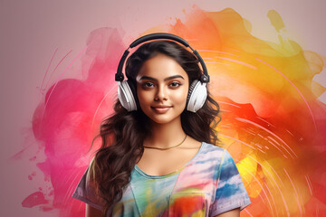 indian girl in headphones listens to music, podcast on a colorful bright background. holiday. teenager. indian happy woman