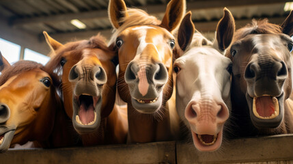 happy horses smile in stall generative ai - obrazy, fototapety, plakaty